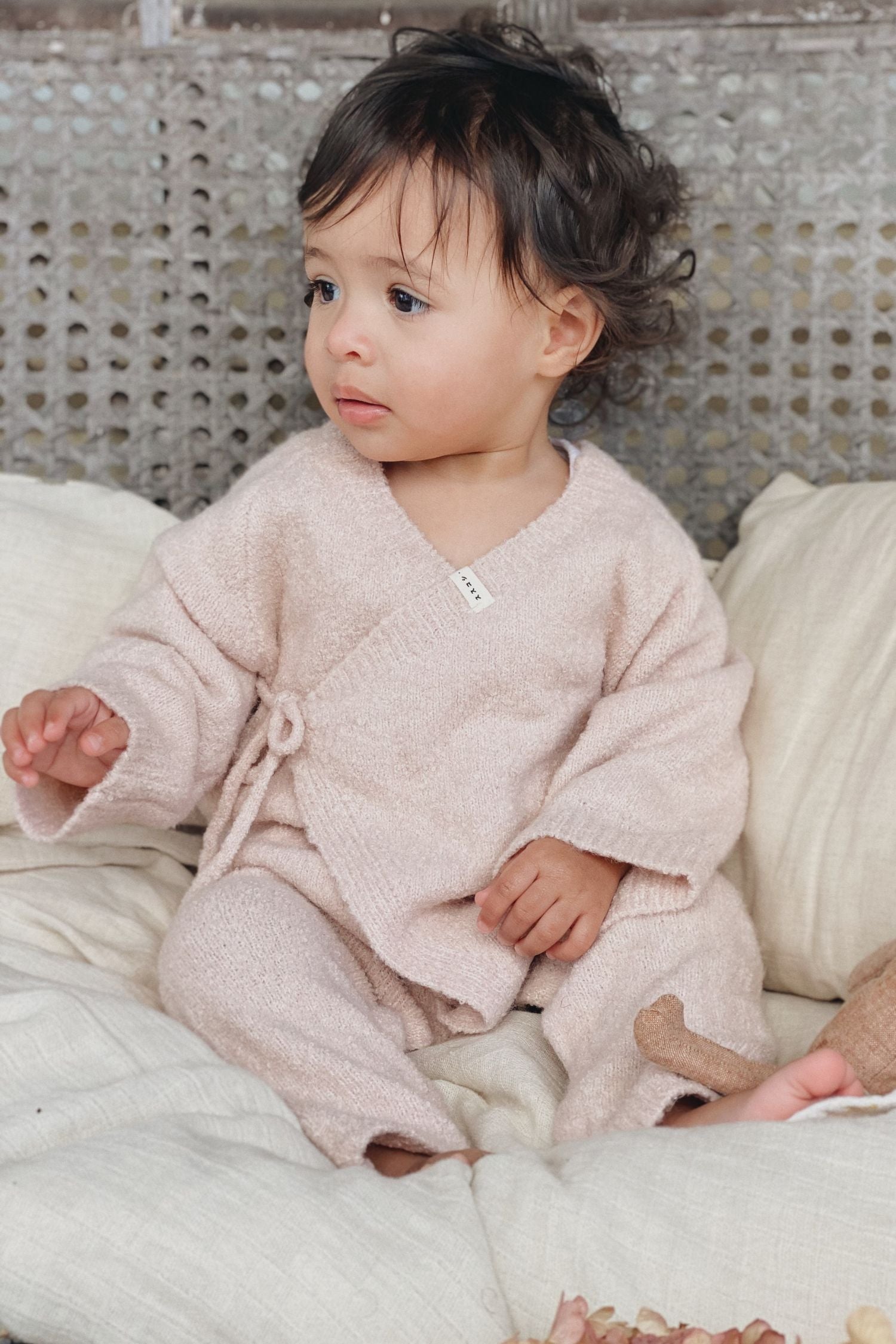 Boucle Baby Kimono Overall Suit. Rose Quartz