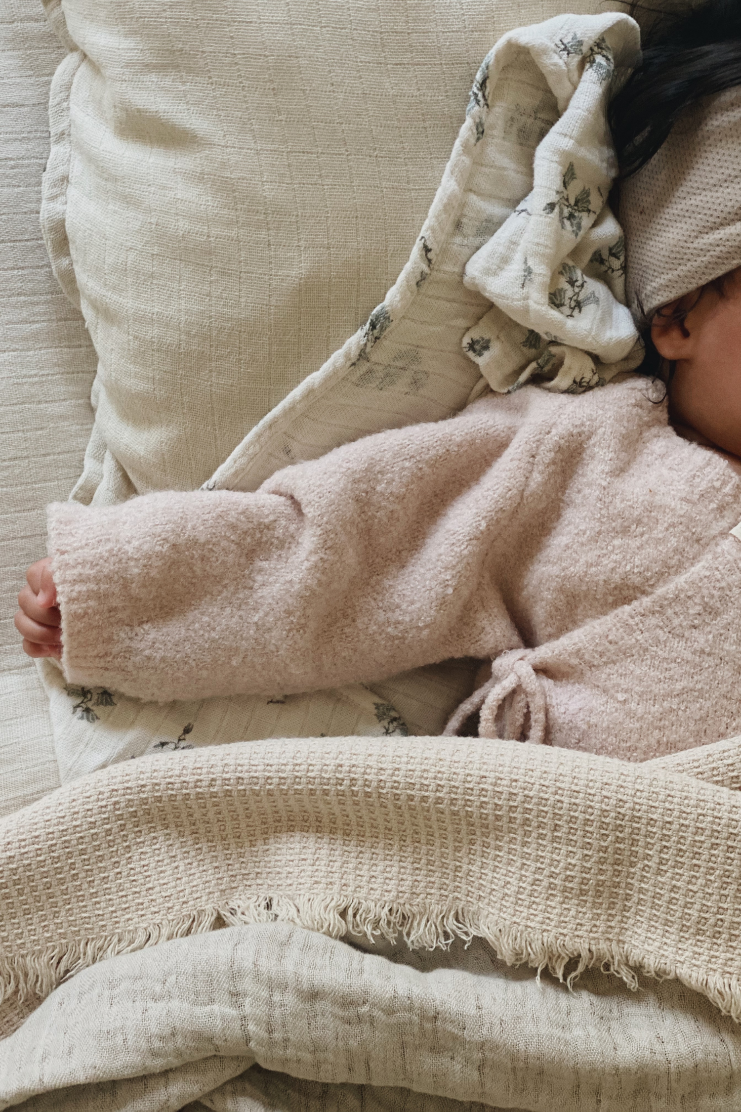 Boucle Knit Baby Kimono Overall Suit. Rose Quartz