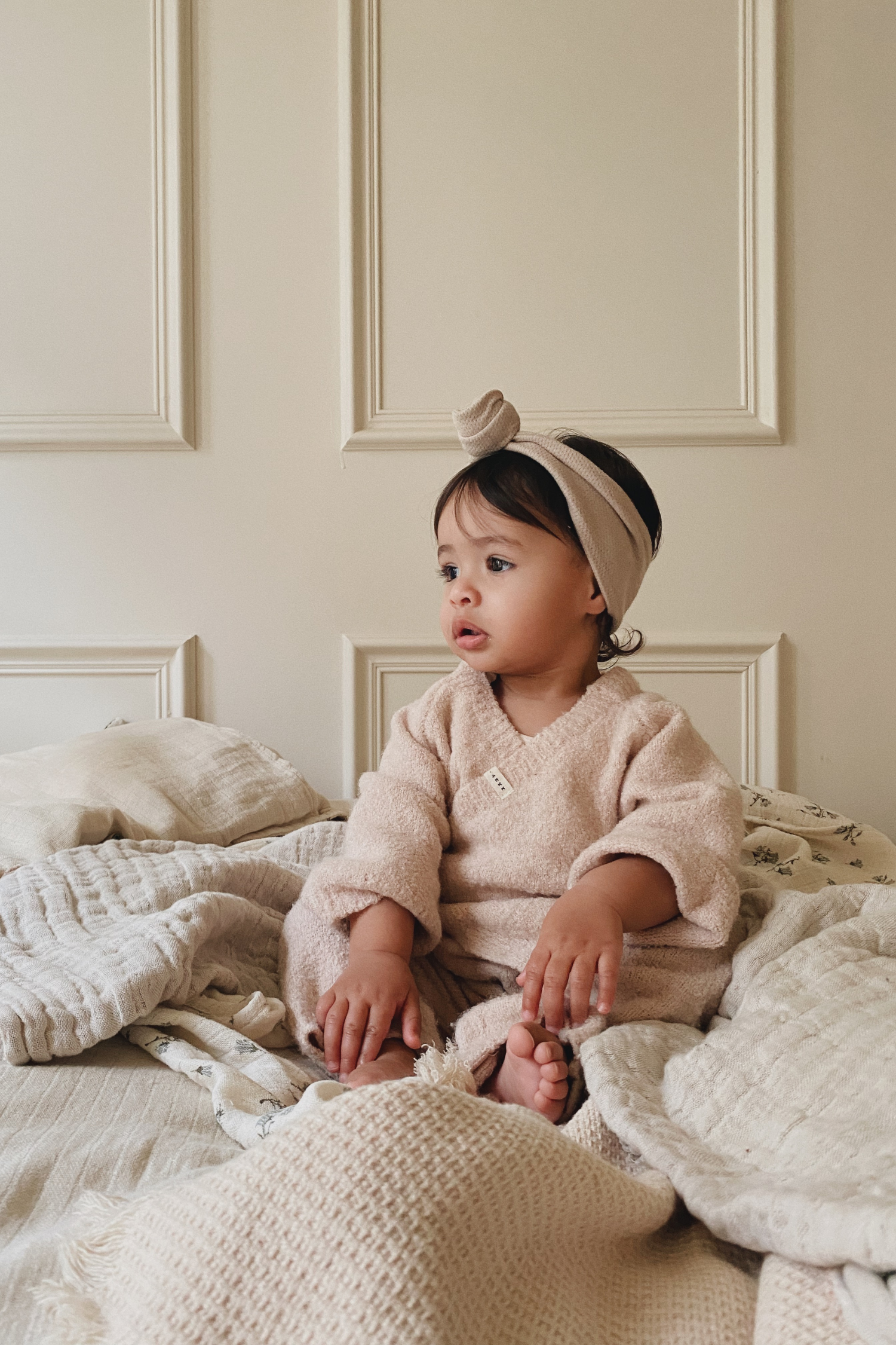 Boucle Knit Baby Kimono Overall Suit. Rose Quartz