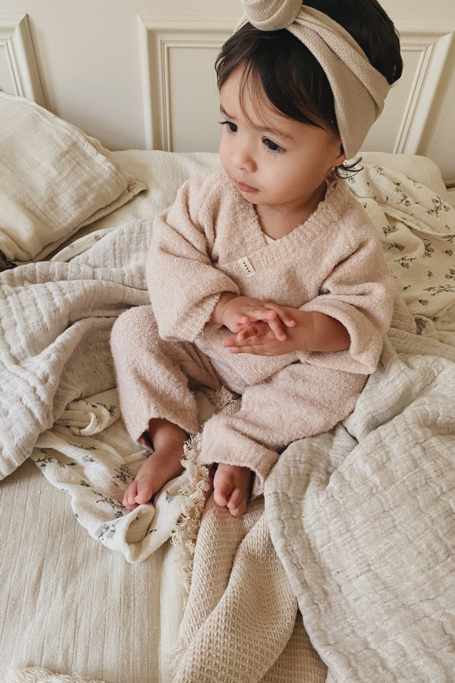 Boucle Knit Baby Kimono Overall Suit. Rose Quartz
