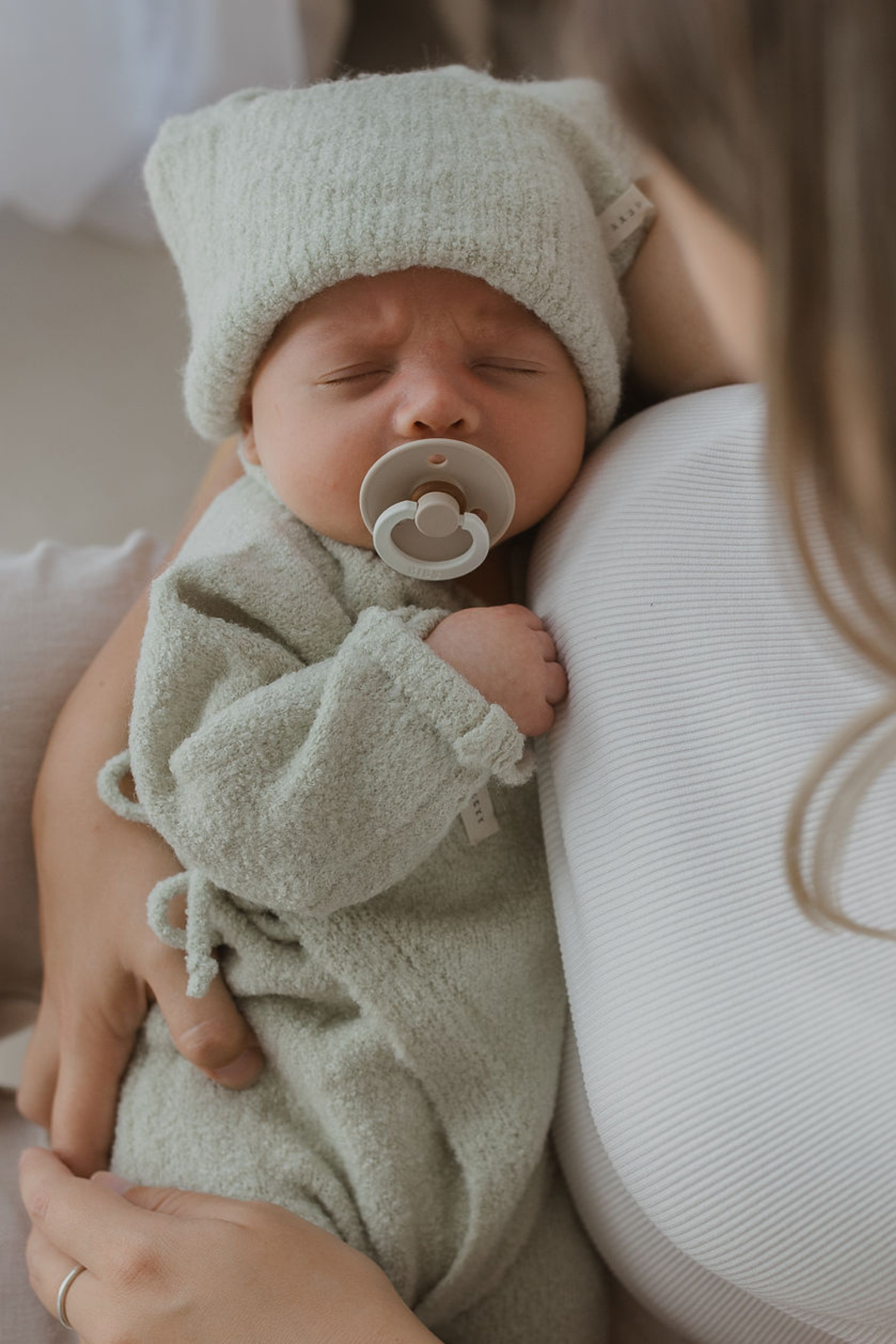 Boucle Knit Baby Kimono Overall Suit. Sage