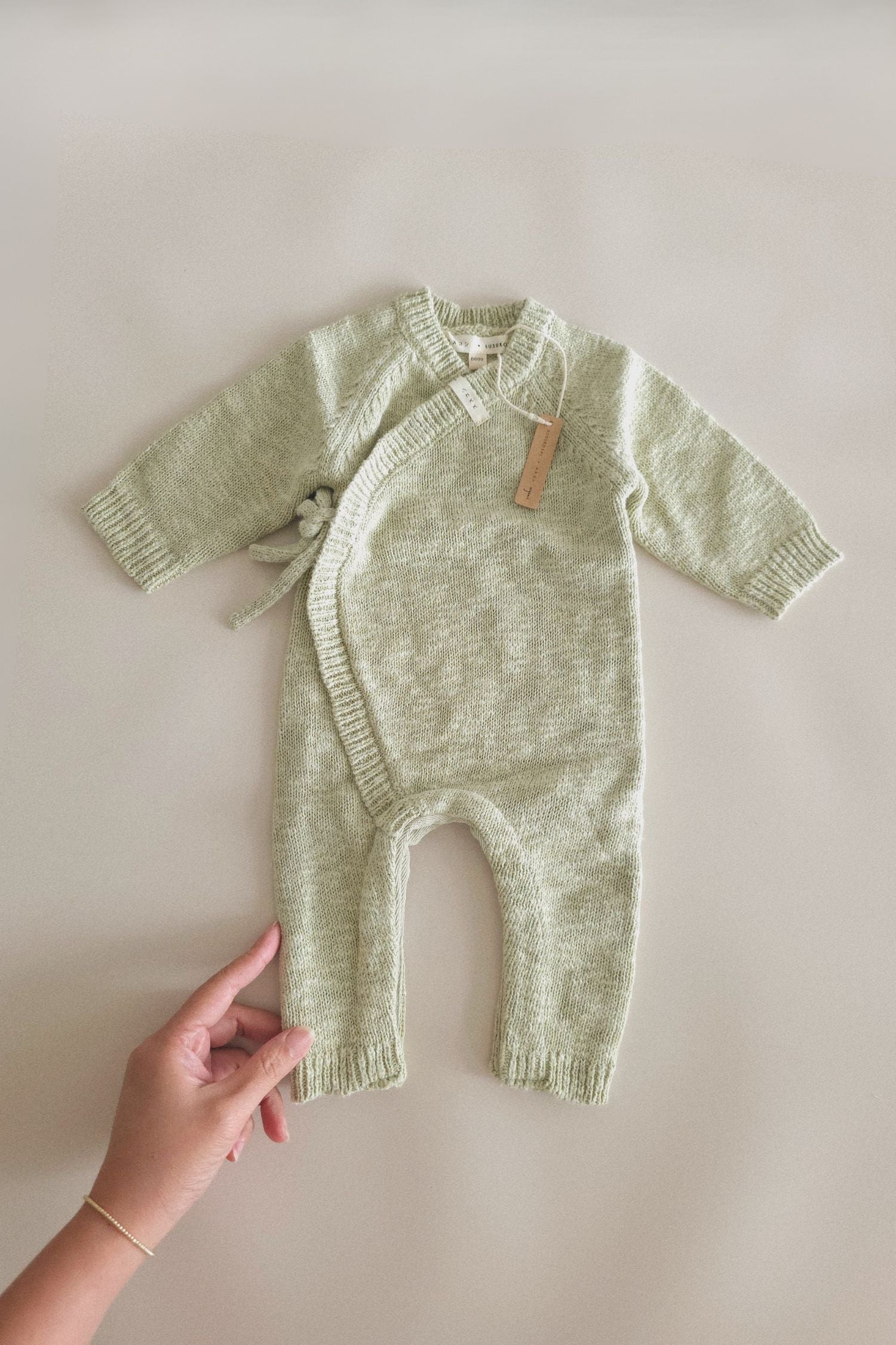 Cotton Textured Knit Baby Kimono Overall Suit. Sage