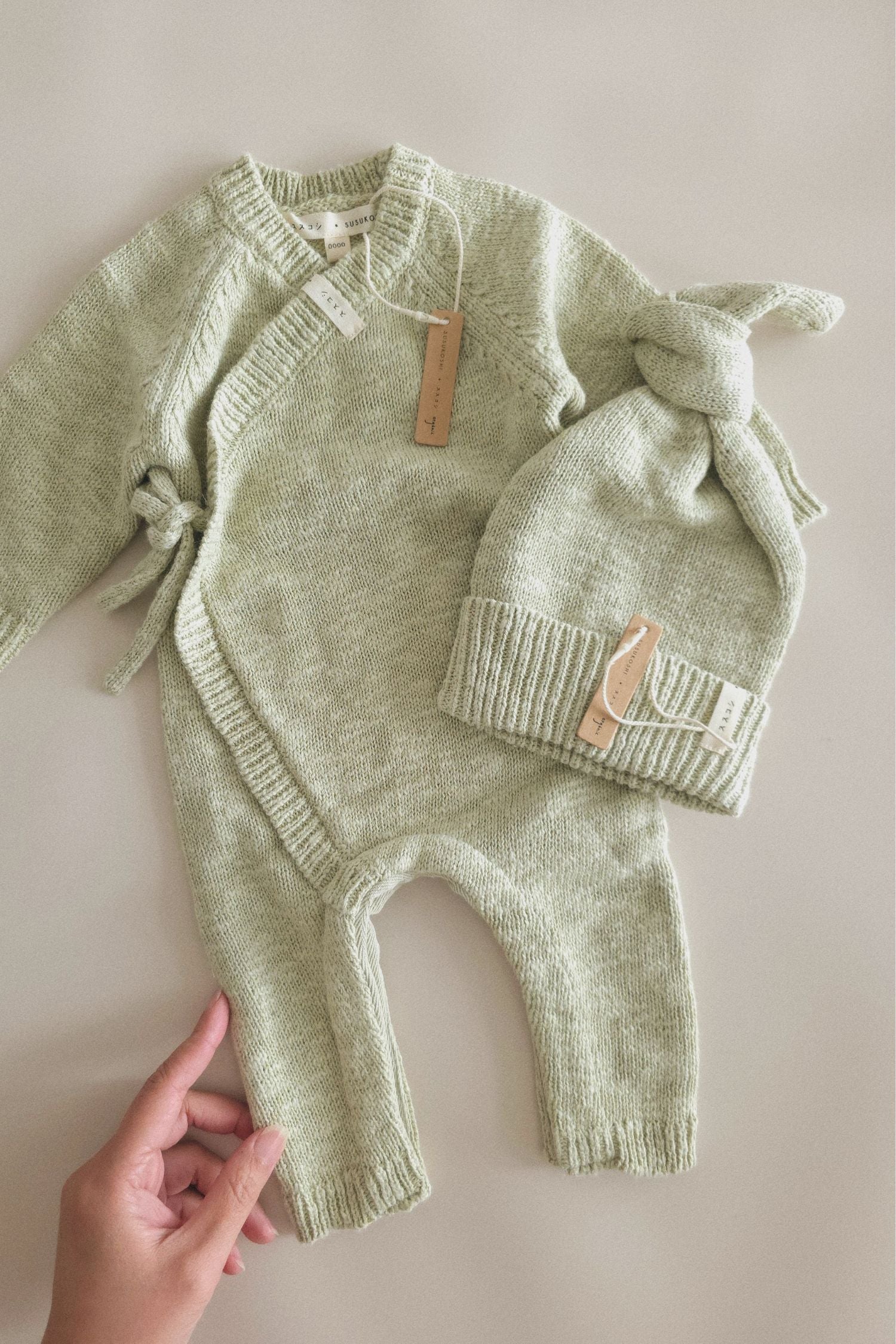 Cotton Textured Knit Knotted Baby Beanie. Sage