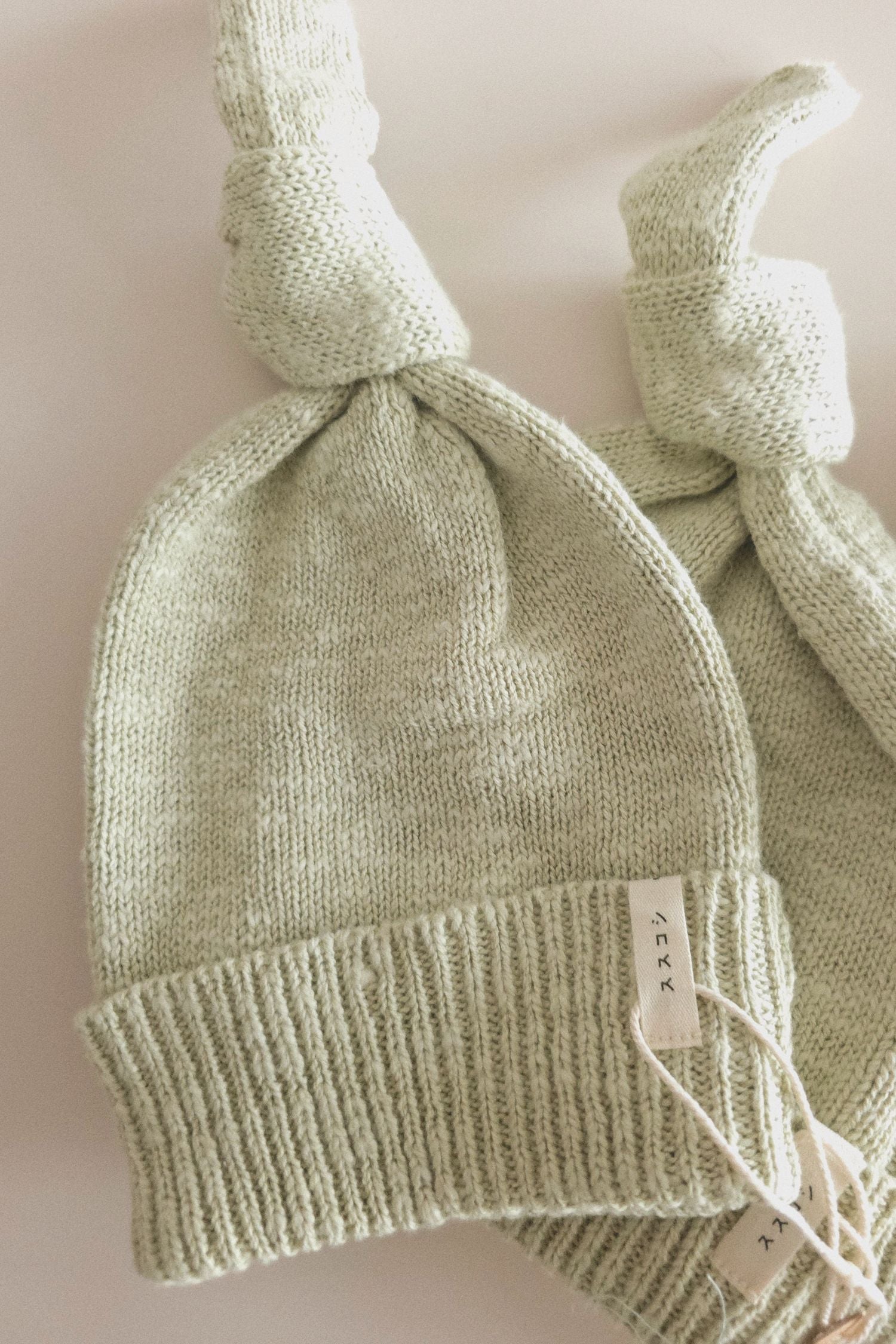 Cotton Textured Knit Knotted Baby Beanie. Sage