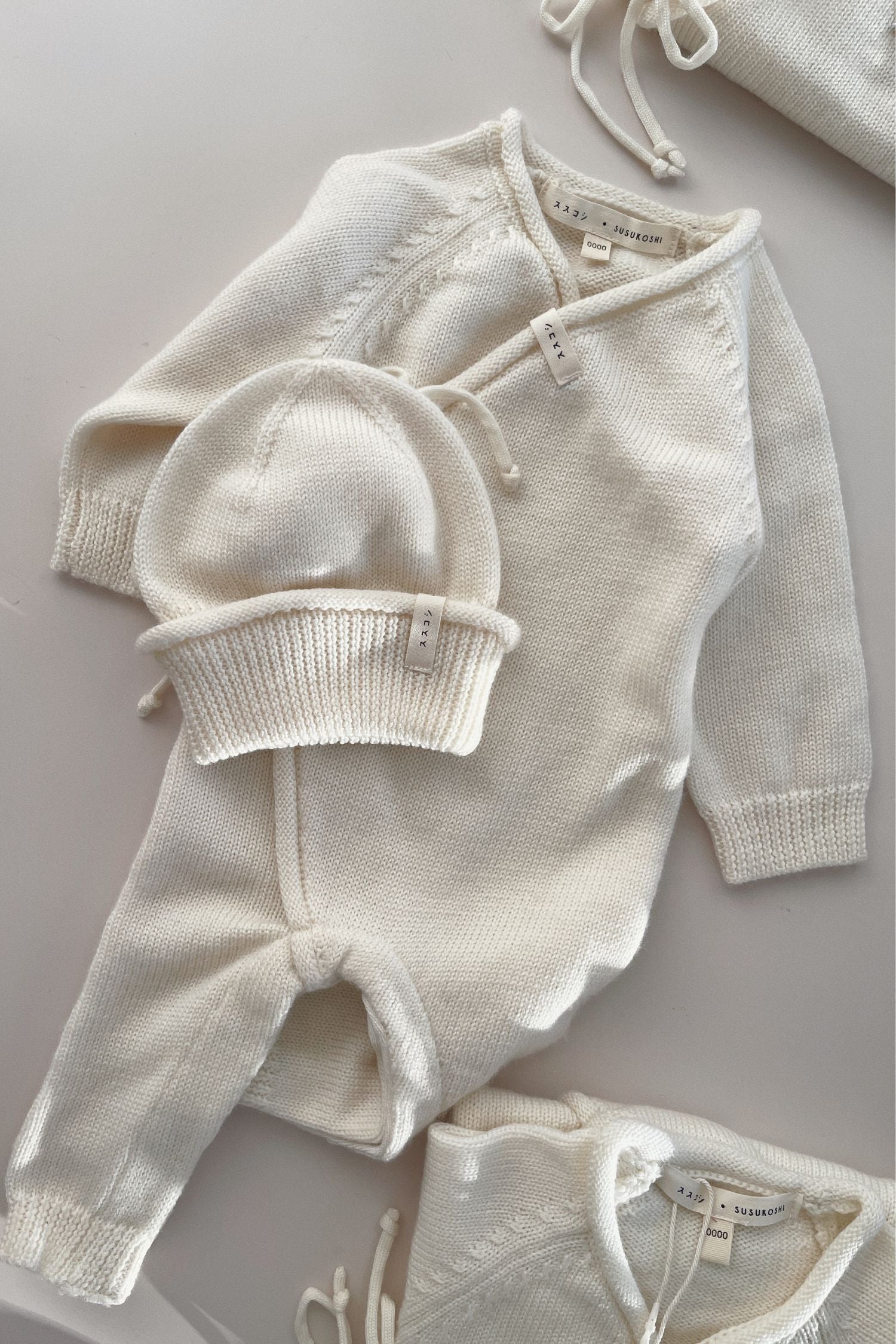 Merino Knit Baby Kimono Overall Suit. Milk