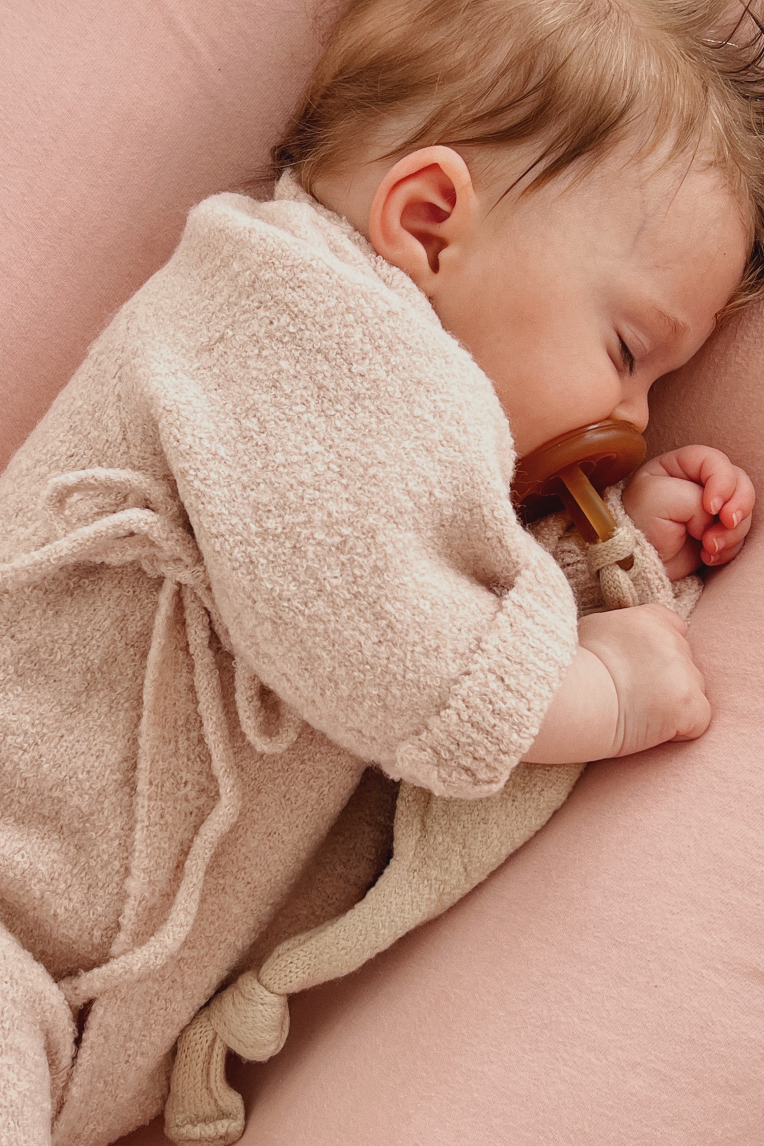 Boucle Knit Baby Kimono Overall Suit. Rose Quartz