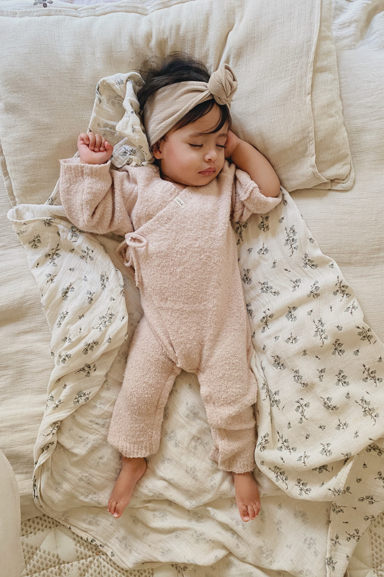 Boucle Knit Baby Kimono Overall Suit. Rose Quartz
