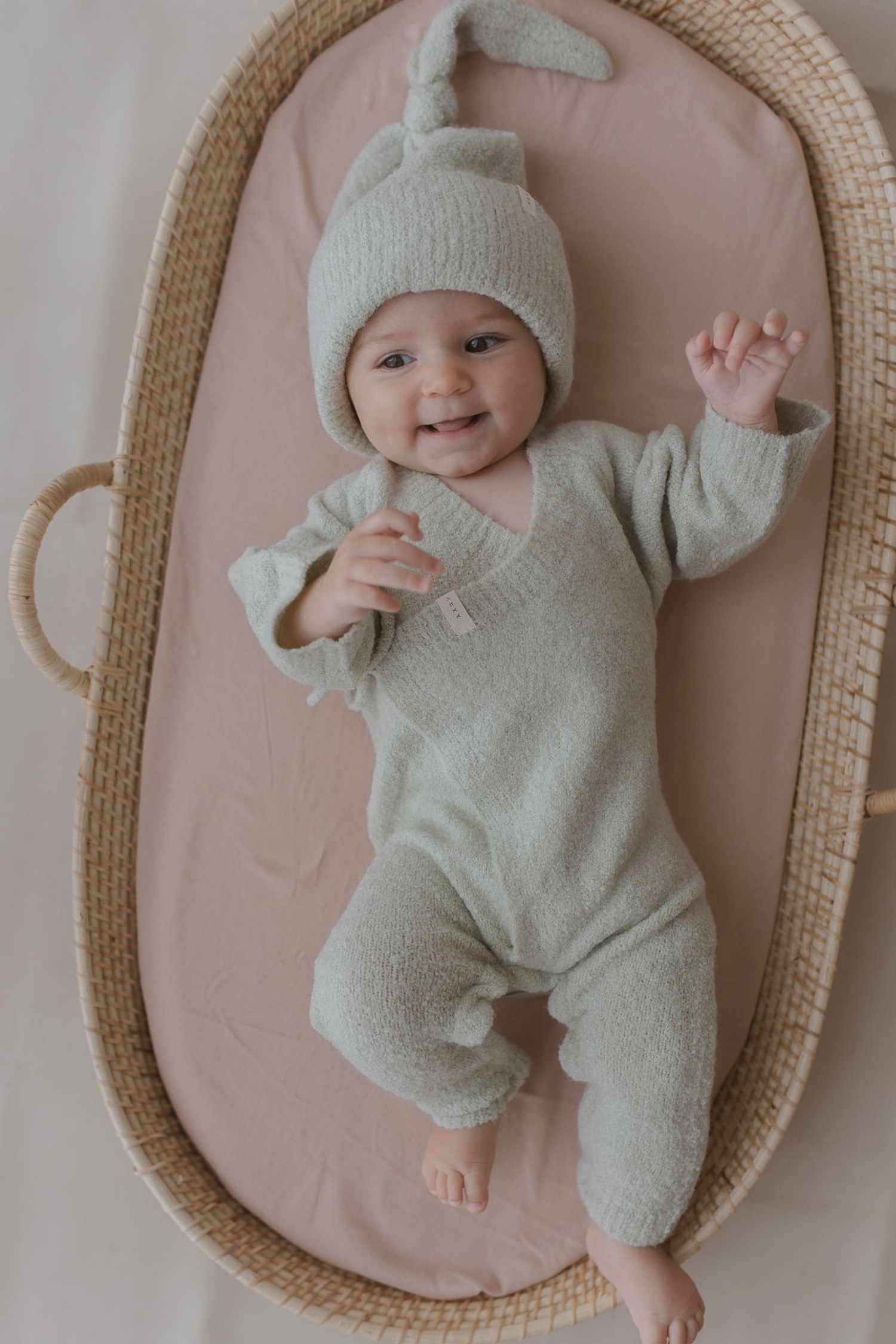 Boucle Baby Kimono Overall Suit. Sage