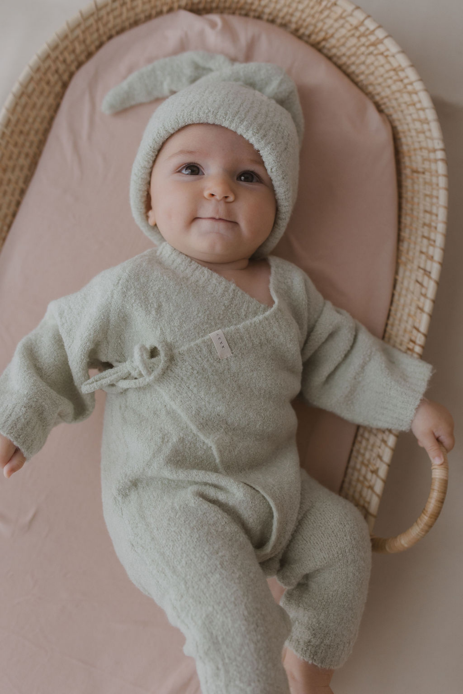 Boucle Baby Kimono Overall Suit. Sage