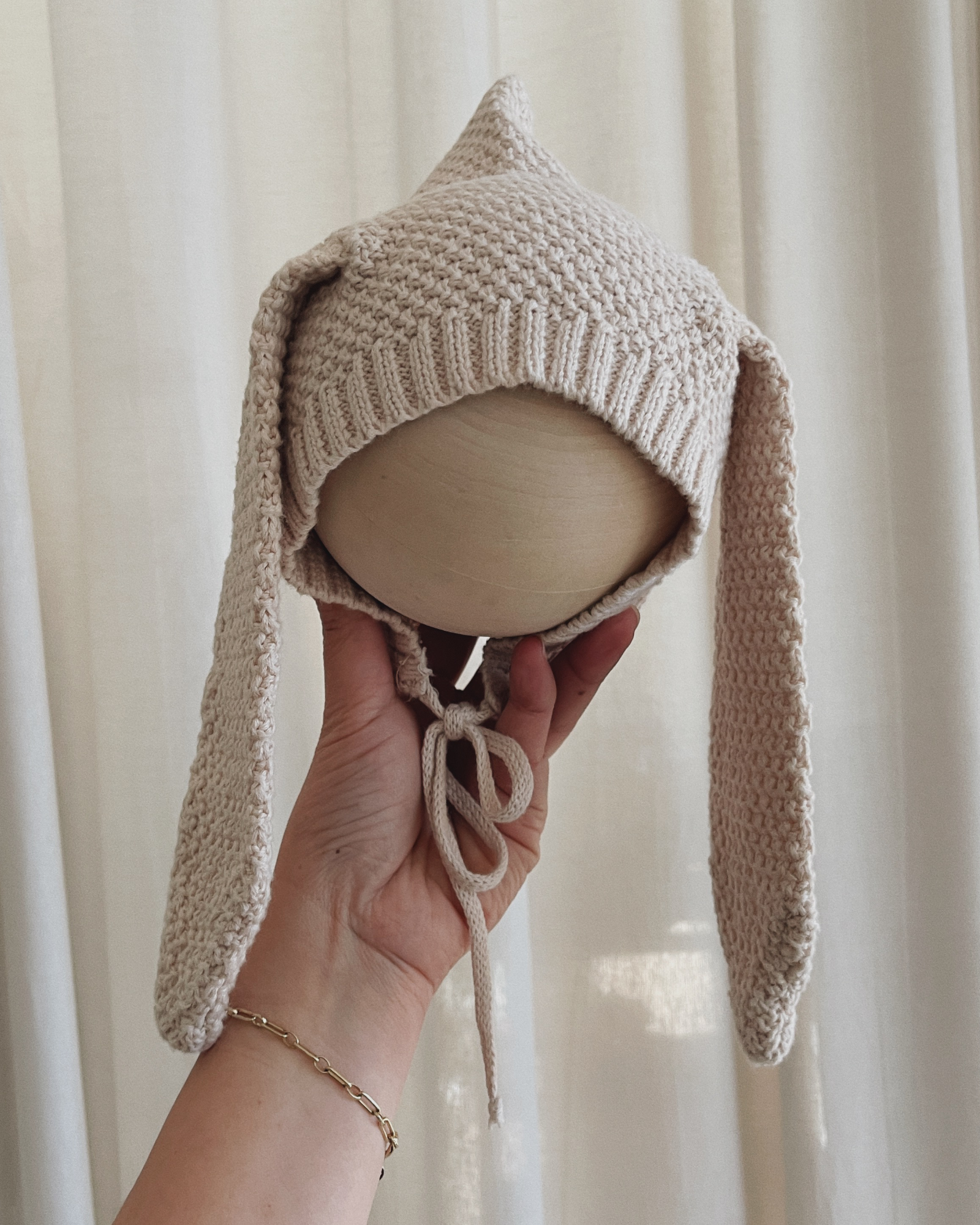 Knit Pixie Bunny Bonnet. Cream