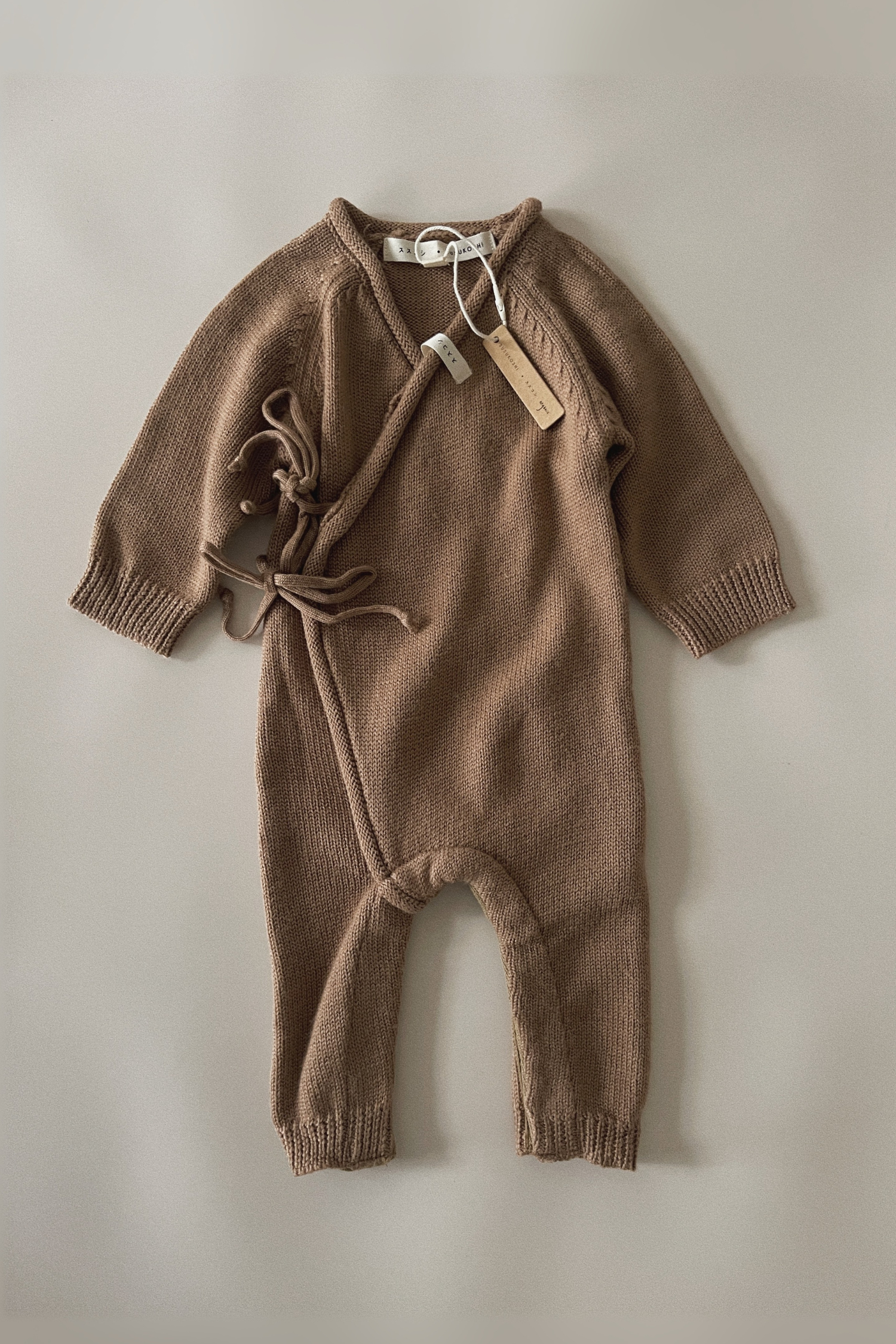 Merino Knit Baby Kimono Overall Suit. Mocha