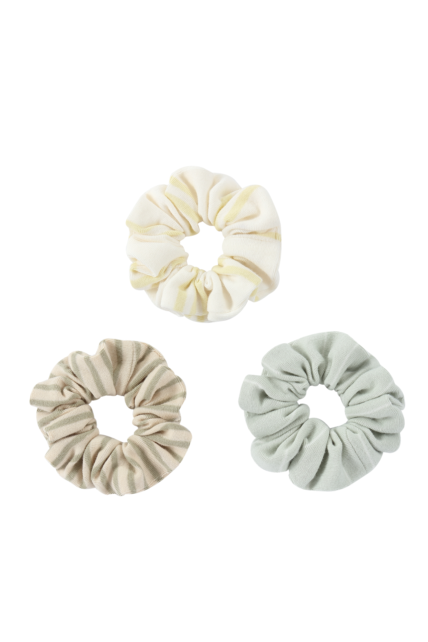 Scrunchie (pack of 3). Sage Stripes, Buttercup, Blue Sky