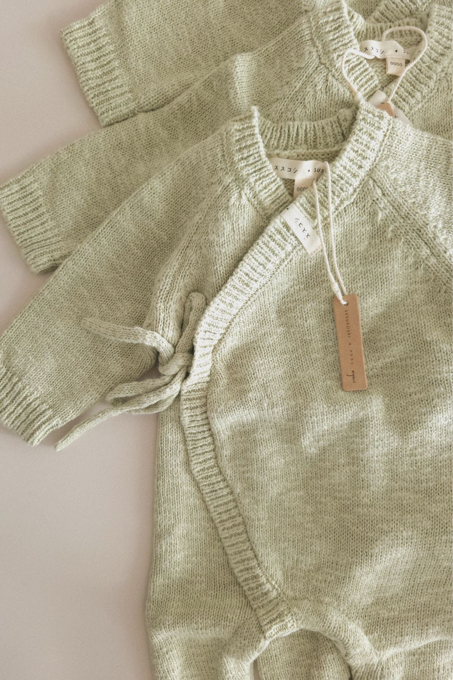 Cotton Textured Knit Baby Kimono Overall Suit. Sage