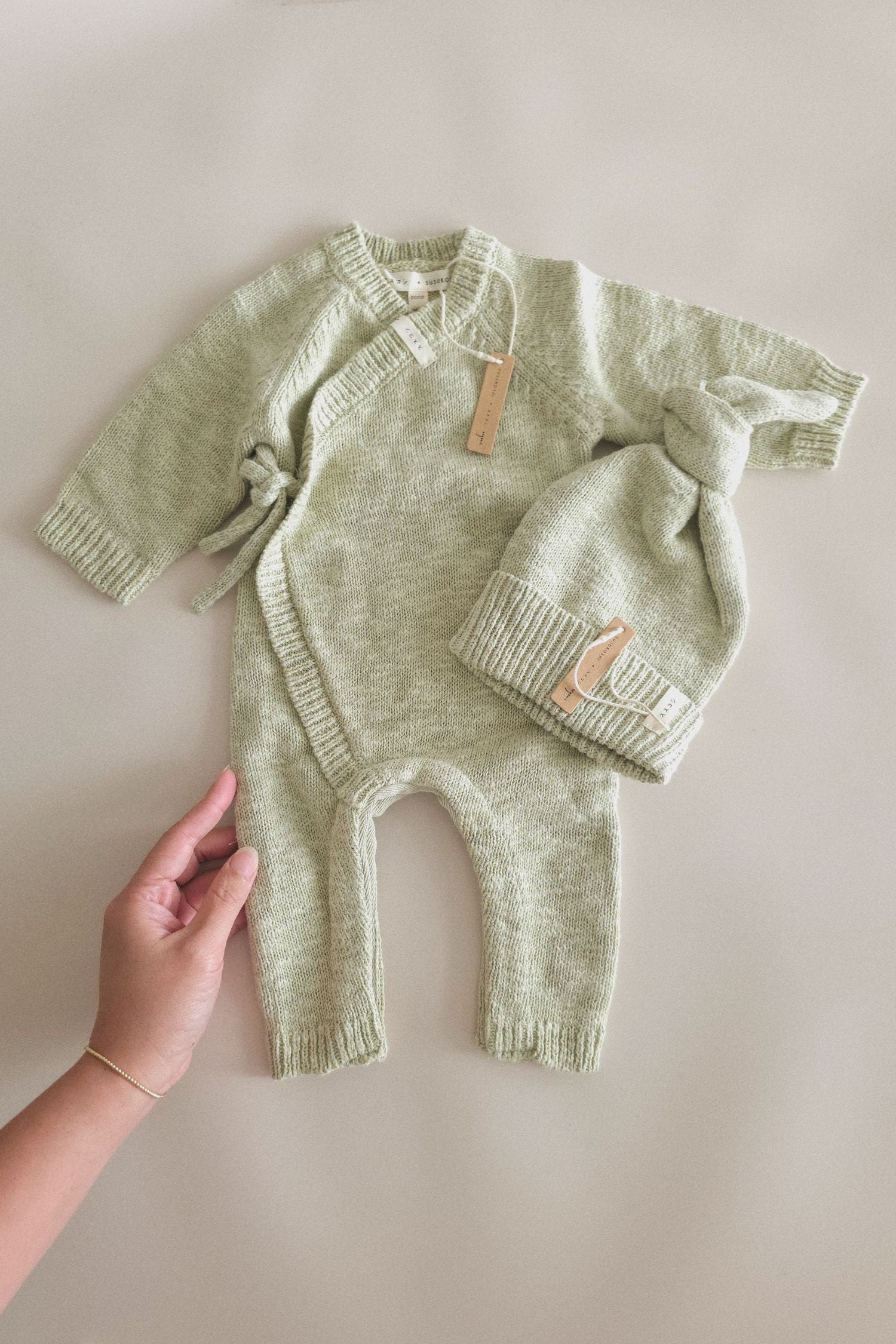 Cotton Textured Knit Baby Kimono Overall Suit. Sage